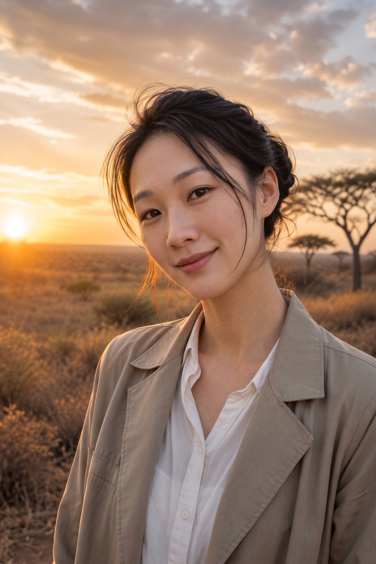 Chelsea Cai, Fora luxury travel advisor, on safari at golden hour